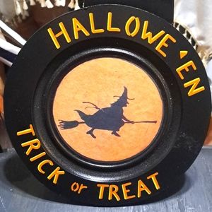 Halloween in Wisconsin. Trick or Treat 10 inch Black Wooden Witch Plate